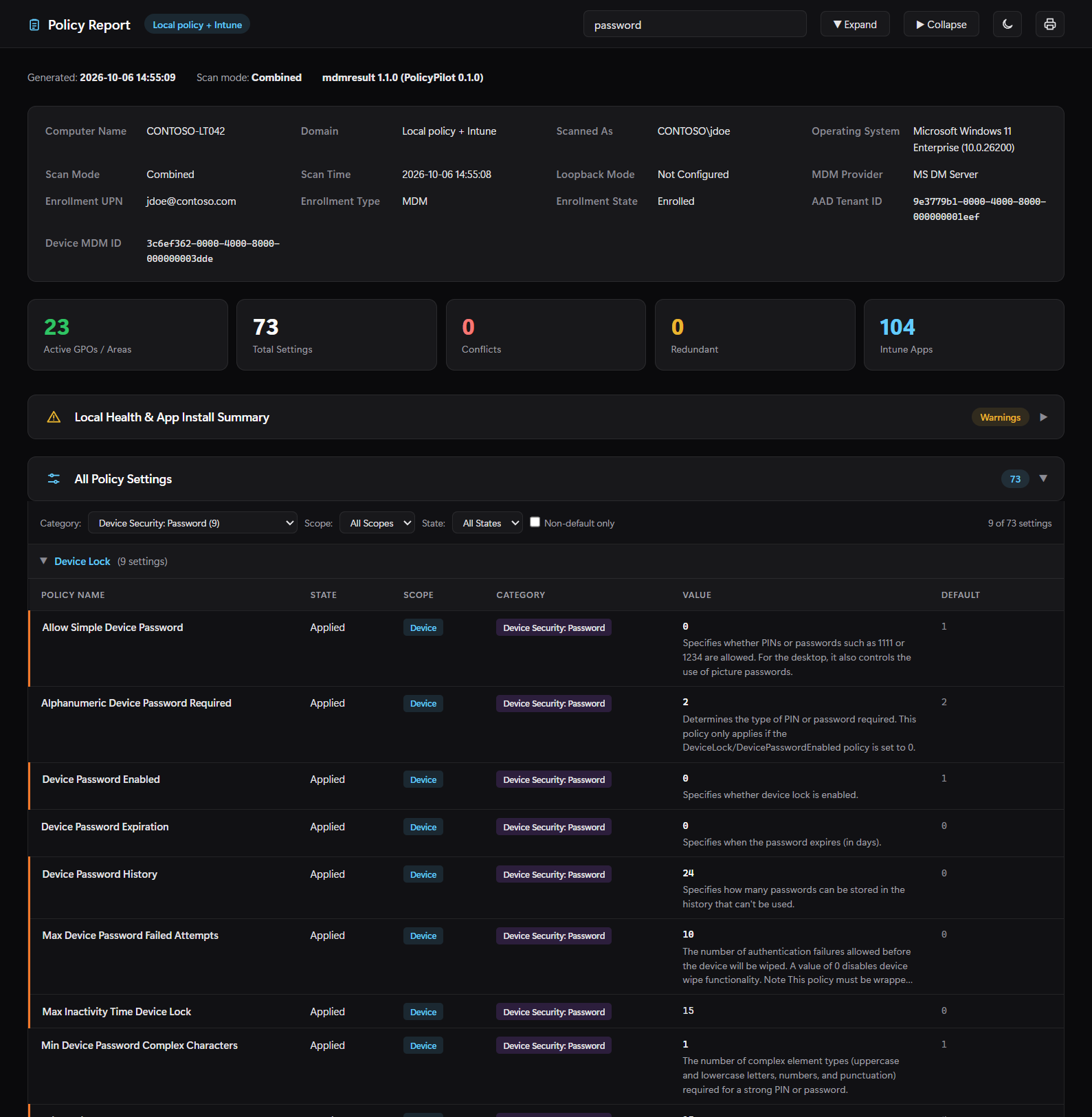 mdmresult report with the search term password and the Device Security: Password category filter, displaying nine of 73 settings with values and defaults.