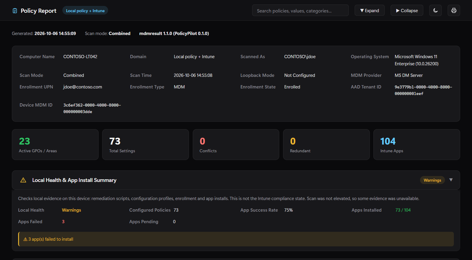 mdmresult Combined-mode report showing the scan context, policy counts and an expanded Local Health and App Install Summary with warnings.